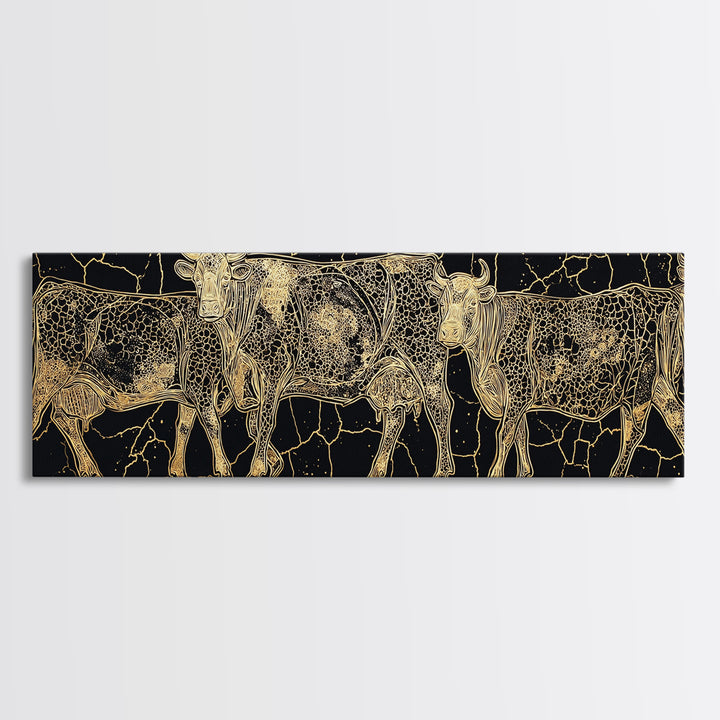 Gold Engraved African Cattle Herd Canvas Print, Black And Gold Safari Animal Art, Rustic Farmhouse Wall Decor Gift For Him