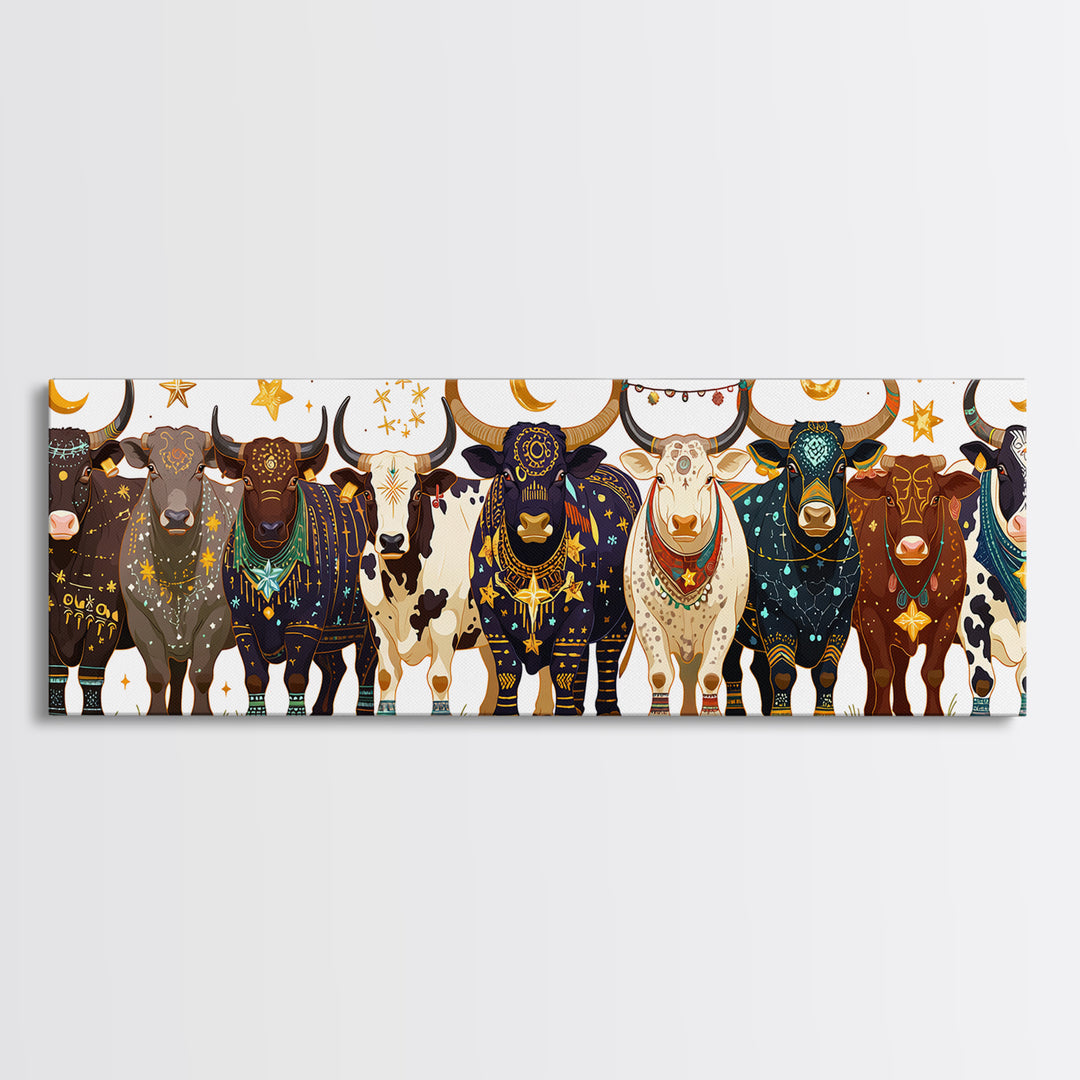 Celestial Boho African Bulls With Moon Charms Canvas Print, Colorful Safari Animal Wall Decor, Afrocentric Housewarming Gift