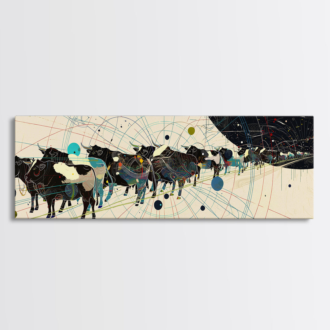 Abstract African Cattle Herd With Geometric Map Lines Framed Canvas Print, Modern Black Wall Art, Contemporary Office Decor