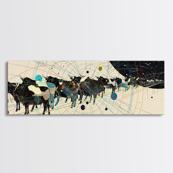 Abstract African Cattle Herd With Geometric Map Lines Framed Canvas Print, Modern Black Wall Art, Contemporary Office Decor