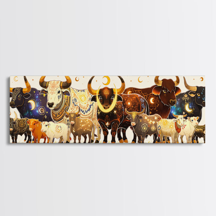 Ornate Celestial African Bulls And Calves Canvas Print, Moon Phase Safari Animal Wall Art, Boho Farmhouse Decor Gift For Her
