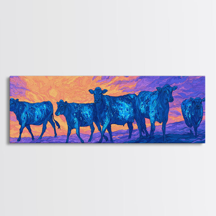 Blue Cattle Herd Walking At Sunset Wall Art, Colorful African Safari Animal Print, Dreamy Landscape Canvas Decor, Living Room Gift