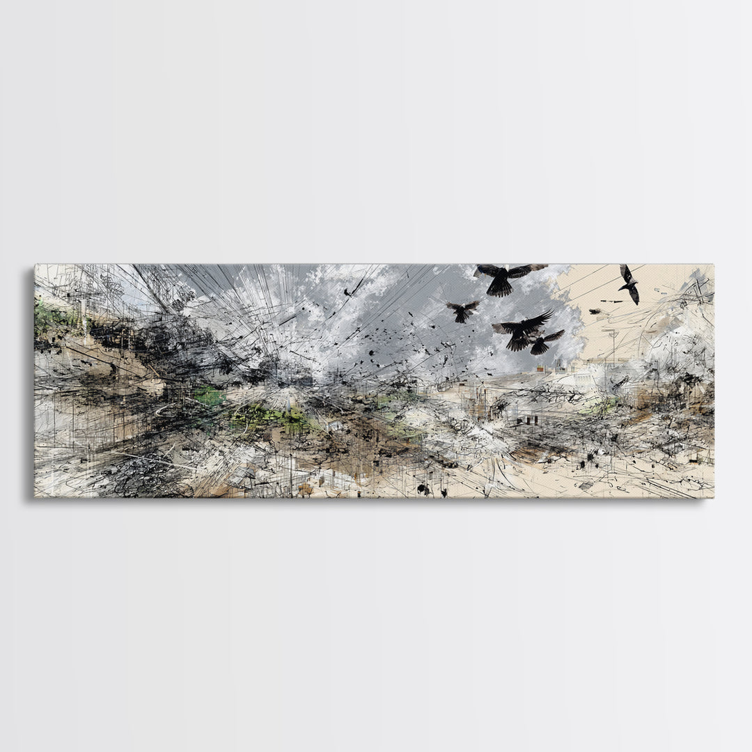 Stormy Abstract Birds Over Desert Horizon Wall Art, Modern African Inspired Landscape, Neutral Boho Large Canvas Decor Print
