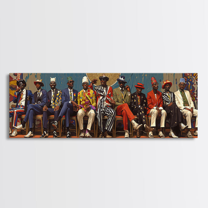 Seated African Dandy Chiefs In Colorful Suits Framed Canvas Print, Afrocentric Wall Decor, Black Culture Statement Art Gift