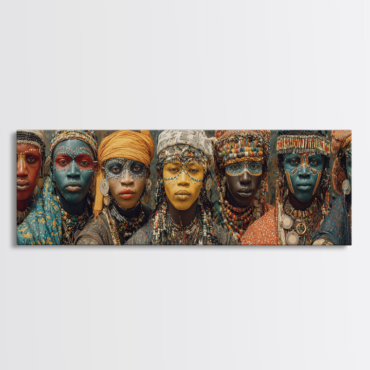 Beaded African Women With Painted Faces Canvas Print, Tribal Queen Portrait Wall Art, Afrocentric Cultural Home Decor Gift