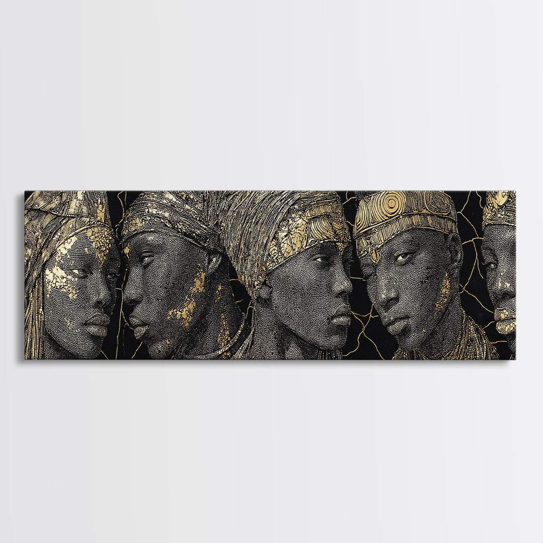 Gold Etched African Elder Profiles On Black Canvas Print, Elegant Tribal Portrait Wall Art, Luxury Afrocentric Home Decor