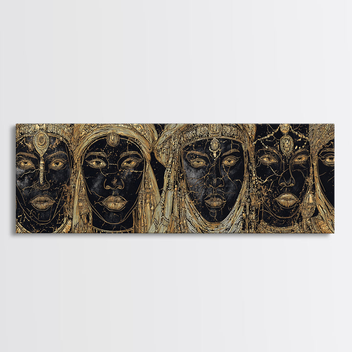 Regal Black And Gold African Queen Faces Framed Canvas Print, Goddess Portrait Wall Art, Luxury Afrocentric Home Decor Gift