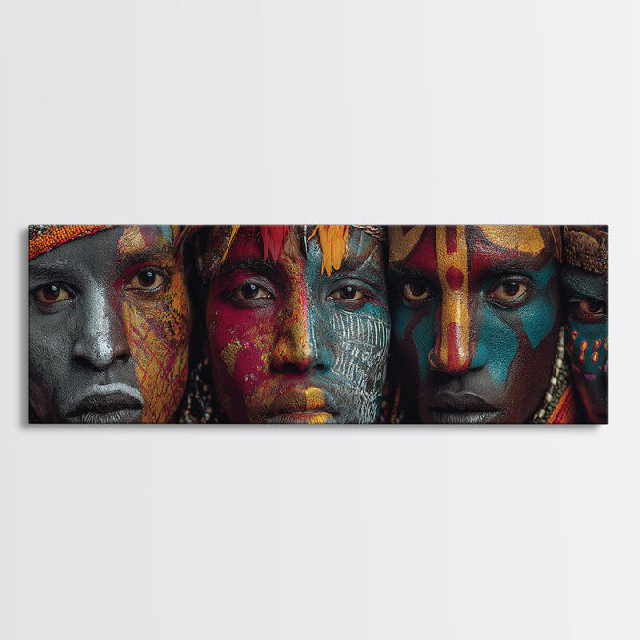 Intense Tribal Painted Faces With Feathers Wall Art, African Warrior Portrait Canvas Print, Bold Afrocentric Home Decor Gift