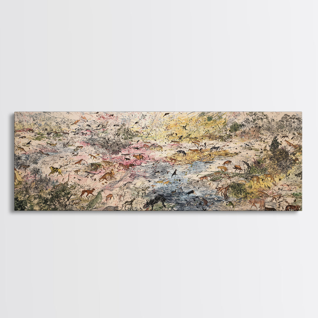 Abstract African Safari Landscape Canvas Print, Earth Tone Wildlife Migration Scene, Modern Home Decor For Living Room Wall