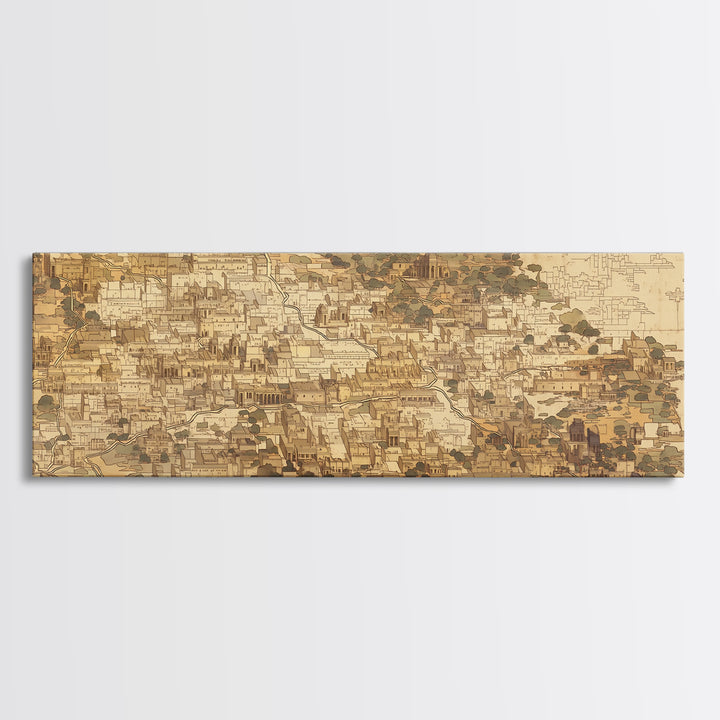 Sepia African Coastal Town Canvas Print, Historic Architecture Map Style, Neutral Cultural Wall Art For Office And Home Decor