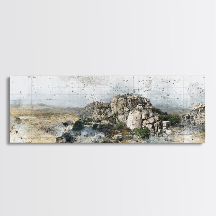 Rocky African Desert Landscape Wall Art, Vintage Map Texture, Neutral Safari Nature Scene, Modern Canvas Print For Office