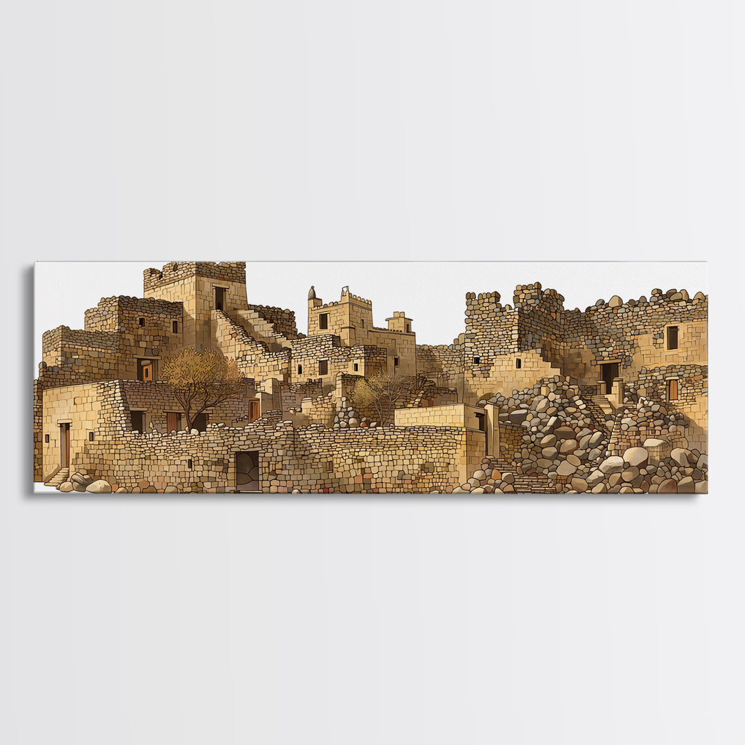 Ancient Desert Stone Village Ruins Wall Art, African Landscape Print, Moroccan Travel Decor, Rustic Cultural Home Decor Gift
