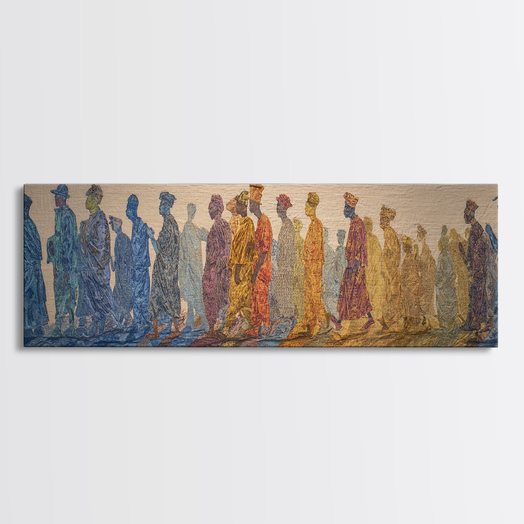 Walking African Silhouettes On Textile Wall Art, Mud Cloth Inspired Decor, Colorful Tribal Figures, Boho Cultural Print Gift