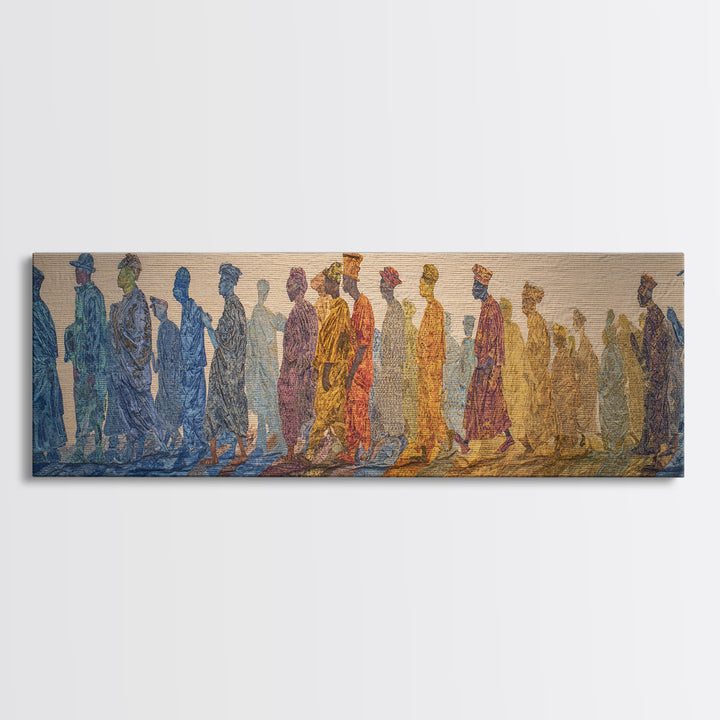 Walking African Silhouettes On Textile Wall Art, Mud Cloth Inspired Decor, Colorful Tribal Figures, Boho Cultural Print Gift