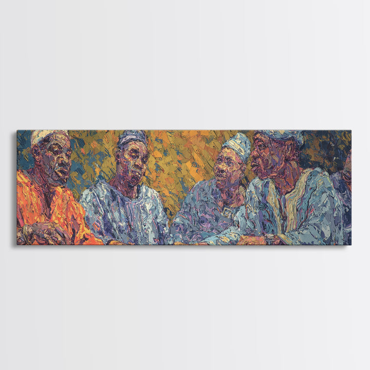 Elder African Men In Blue Robes Framed Canvas Print, Expressive Portrait Wall Decor, Cultural Painting, Afrocentric Art Gift