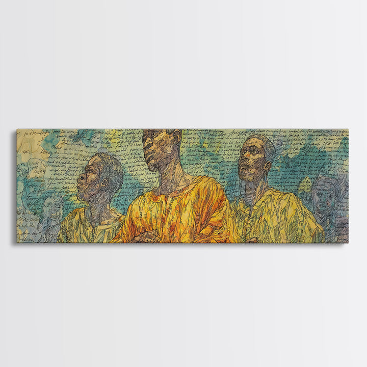Three African Men Portrait Wall Art, Handwritten Script Texture, Yellow Blue Cultural Decor, Modern Afrocentric Canvas Print