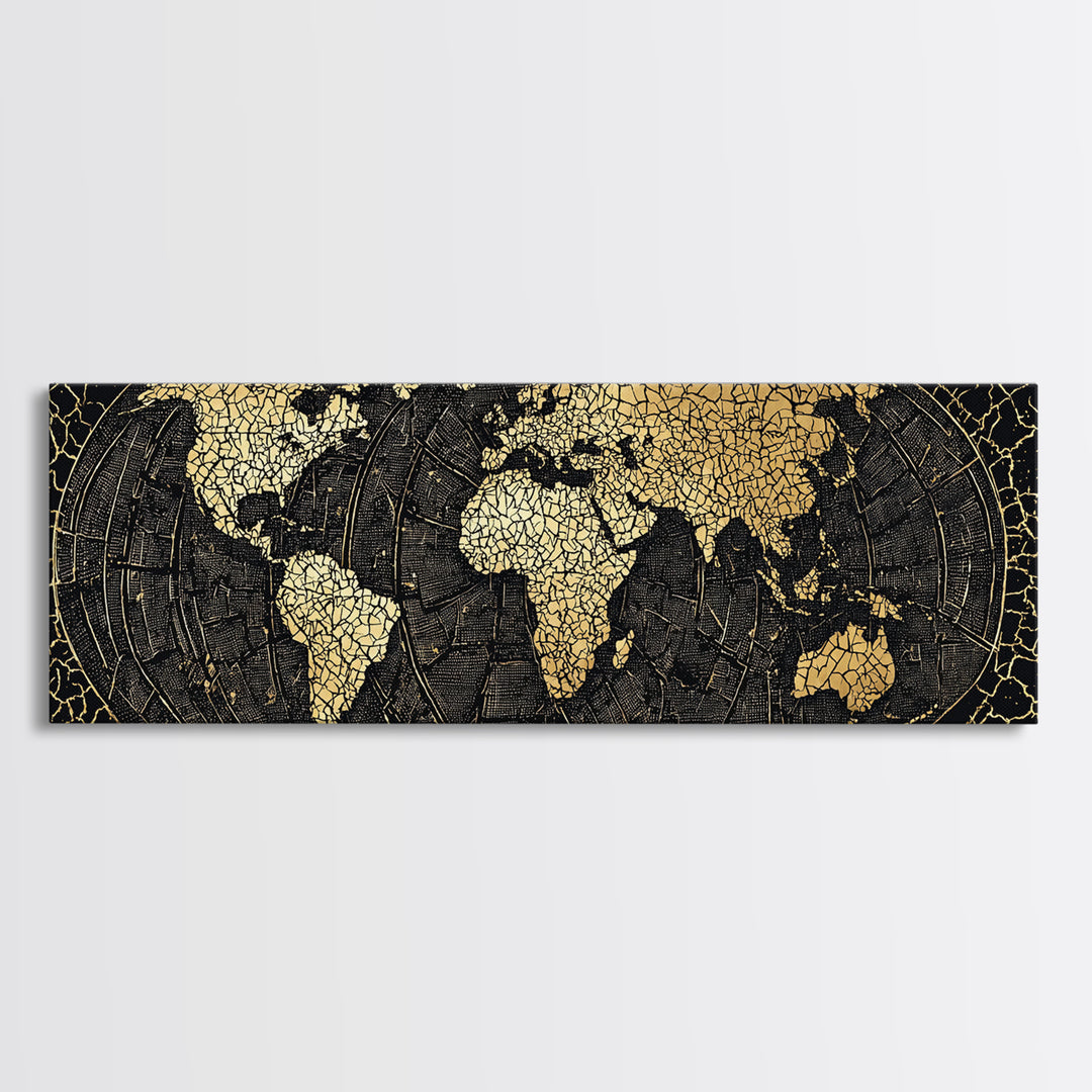 Gold Cracked World Map On Black Canvas Print, African Travel Wall Art, Luxury Home Decor, Modern Office Decor, Gift For Him