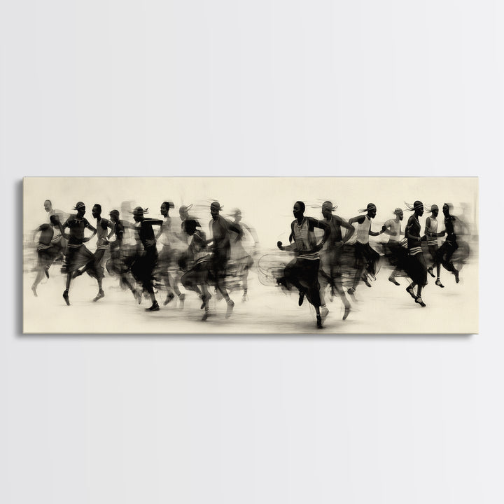 Panoramic Black Runners In Motion Wall Art, African Dance Art Print, Minimalist Charcoal Canvas Print, Modern Home Decor
