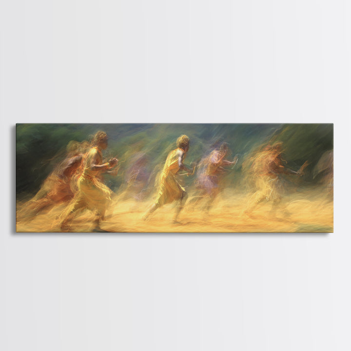 Sunlit Impressionist Runners Across Landscape Wall Art, African Inspired Canvas Print, Dreamy Nature Scene Art, Large Decor Art