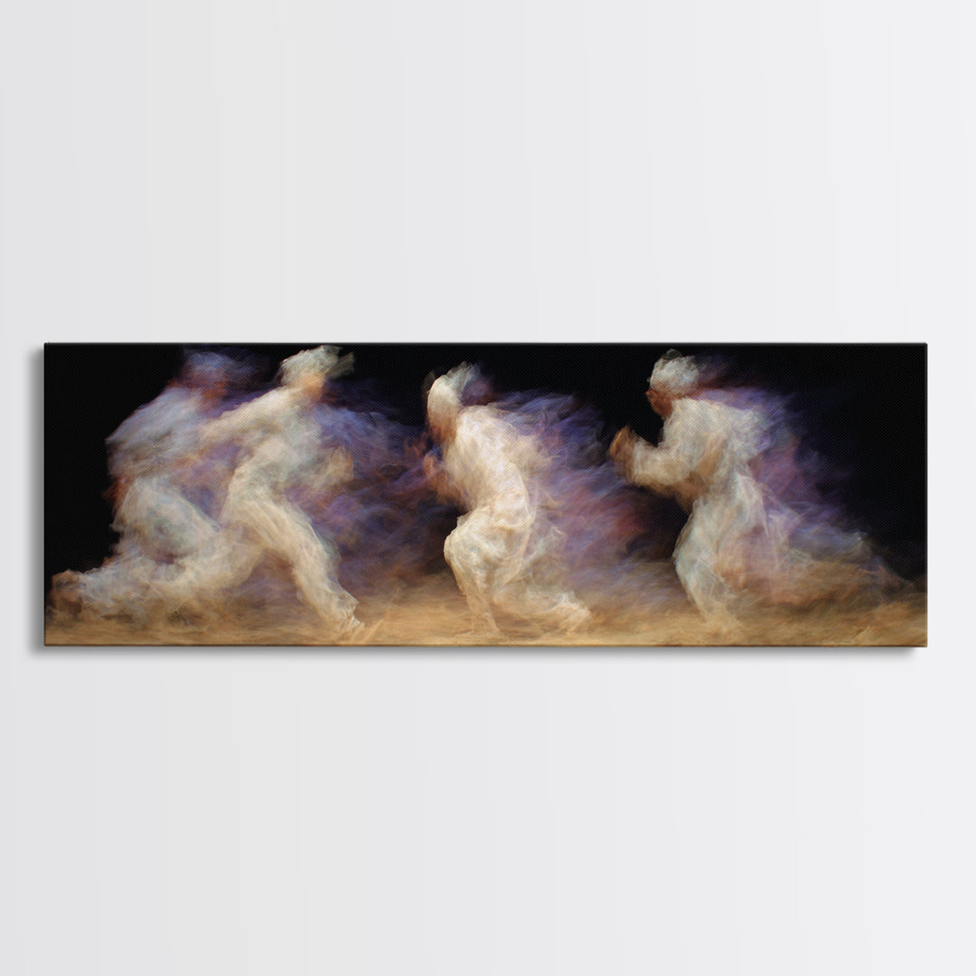 Ghostly African Runners In Sand And Violet Motion Canvas Print, Abstract Black Art, Athletic Dance Decor, Modern Wall Decor