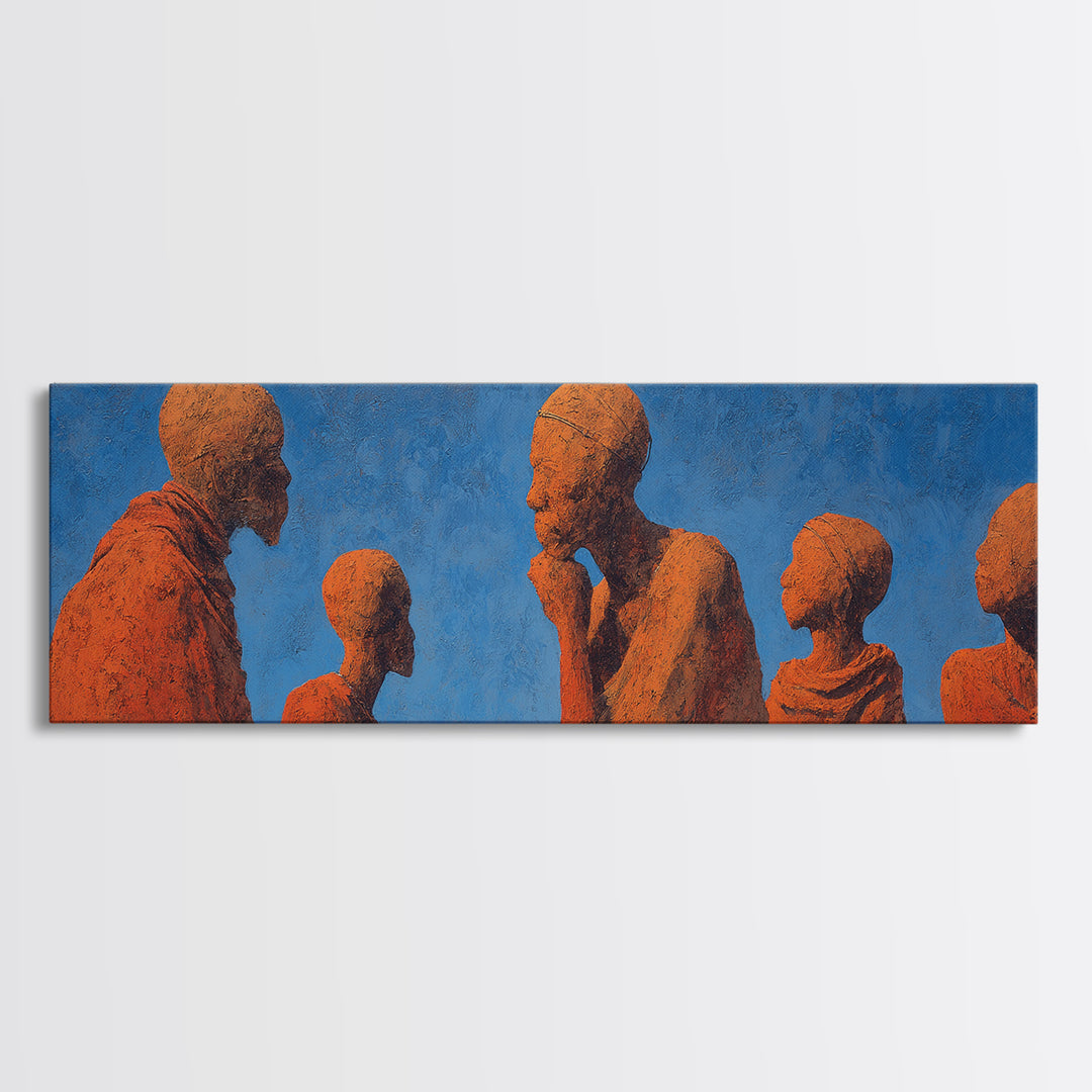 Terracotta African Figures Sharing Stories On Blue Wall Art, Tribal Family Decor, Cultural Portrait Print, Warm Minimalist Art
