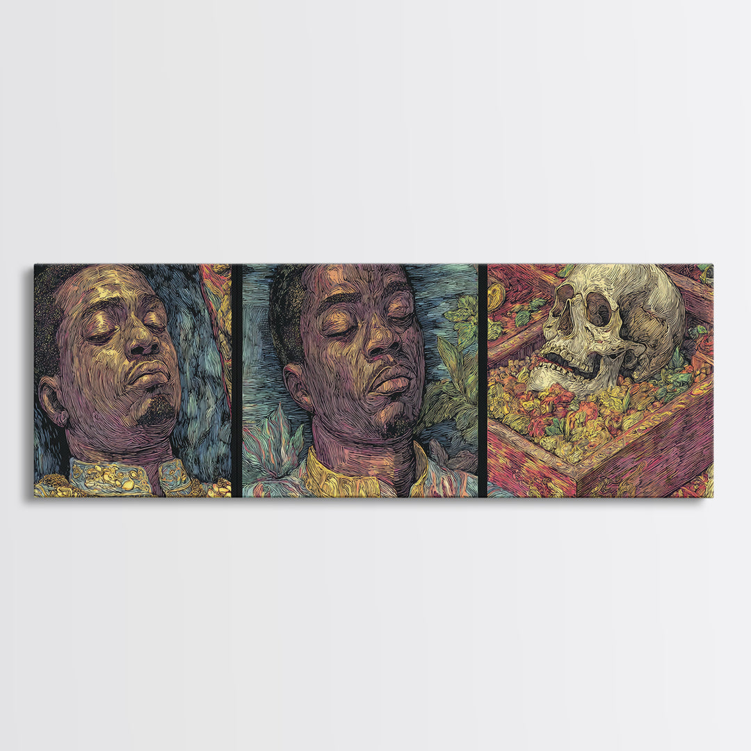 Triptych African Man Portrait With Skull Still Life Canvas Print, Contemporary Black Art, Cultural Wall Decor, Gallery Art