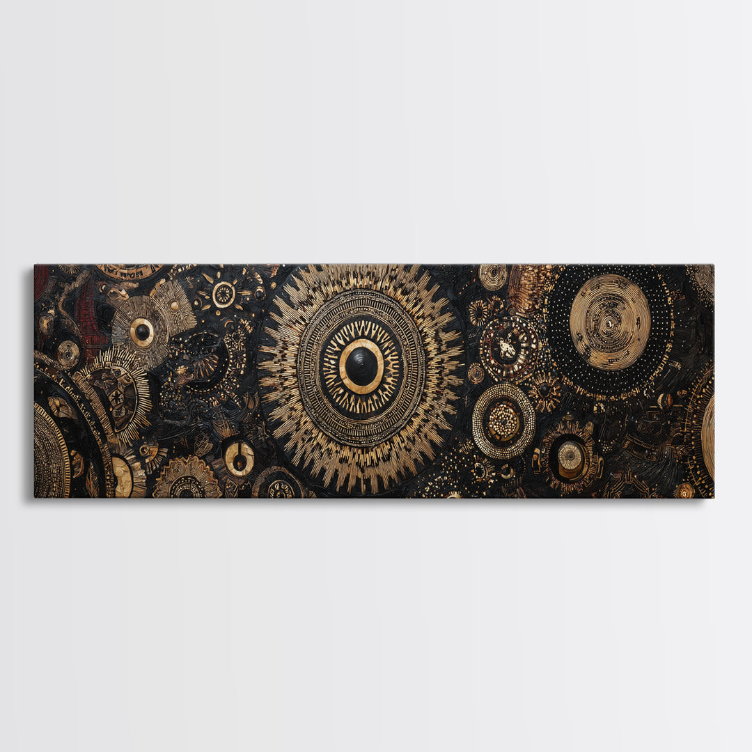 Ornate Black And Gold Mandala Gears Abstract Wall Art, Luxury Canvas Decor, Geometric Pattern Print, Elegant Home Decor Art
