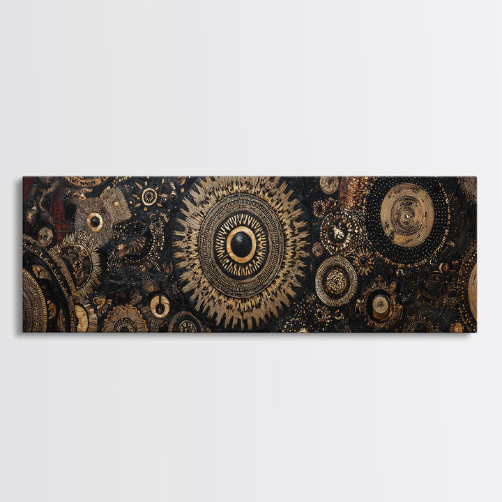 Ornate Black And Gold Mandala Gears Abstract Wall Art, Luxury Canvas Decor, Geometric Pattern Print, Elegant Home Decor Art