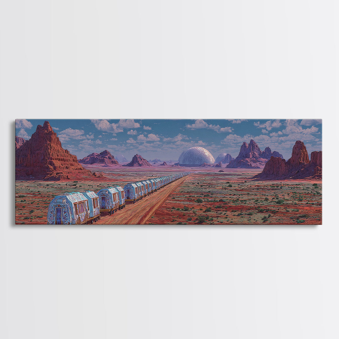 Futuristic Desert Train Crossing Red Plains Canvas Print, African Landscape Wall Art, Modern Canvas Art, Large Home Decor