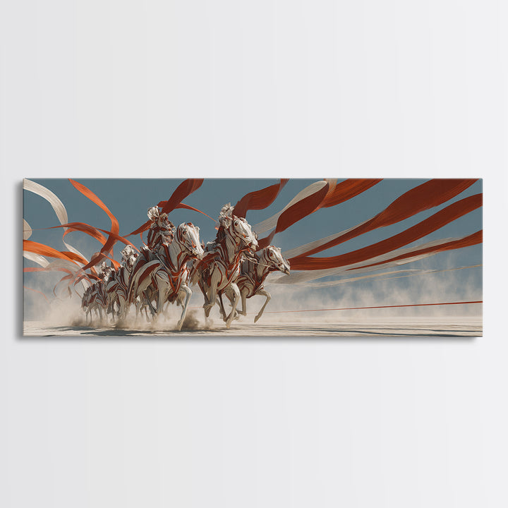 White Horses And Chariot Riders With Flowing Ribbons Wall Art, African Warrior Art, Equestrian Canvas Print, Statement Decor