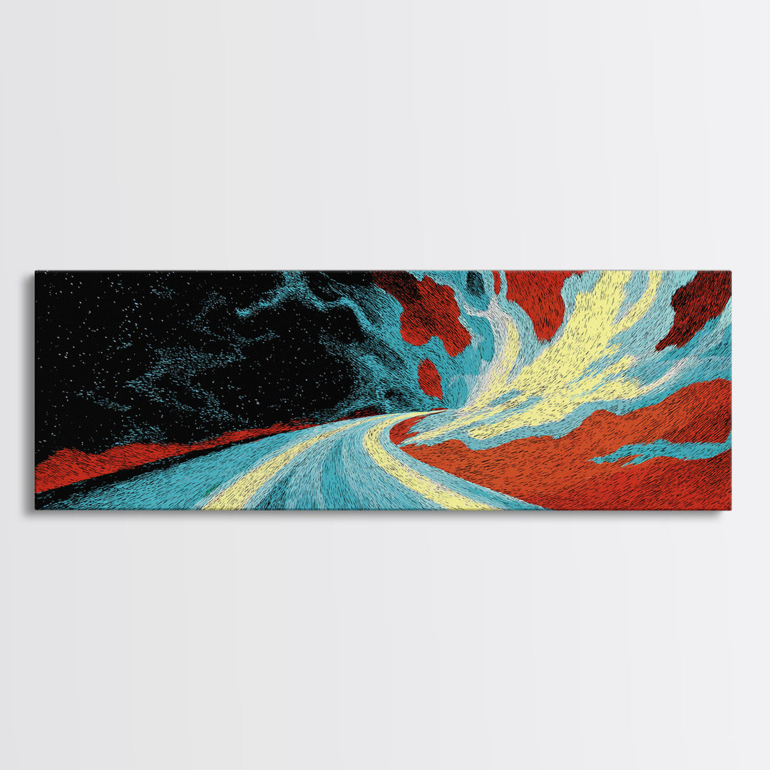 Electric Desert Highway Wall Art, Abstract Red Turquoise Road, Modern Canvas Decor, Large Statement Art For Living Room Decor