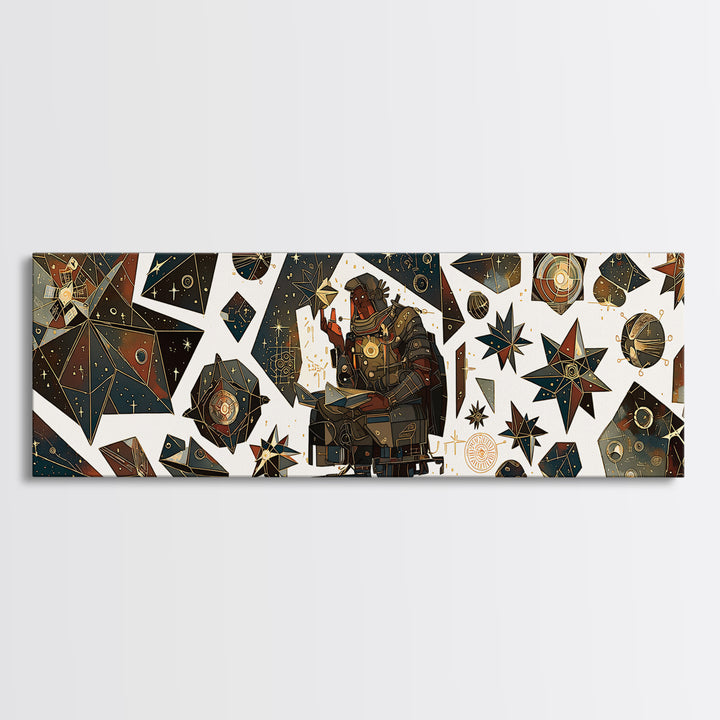 Celestial African Scholar Wall Art, Geometric Stars And Astronomy Decor, Afrocentric Canvas Print For Office Or Study Room