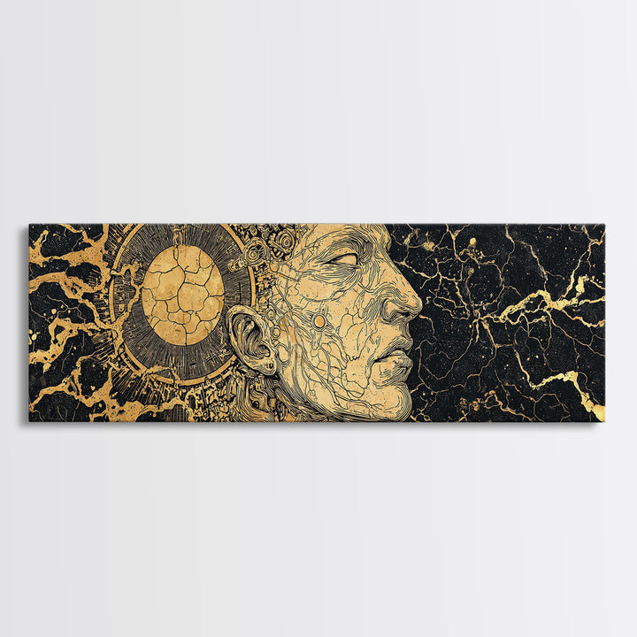 Golden Ancestral Profile Wall Art, African Portrait Linework, Black And Gold Cultural Canvas Print, Elegant Home Decor Gift