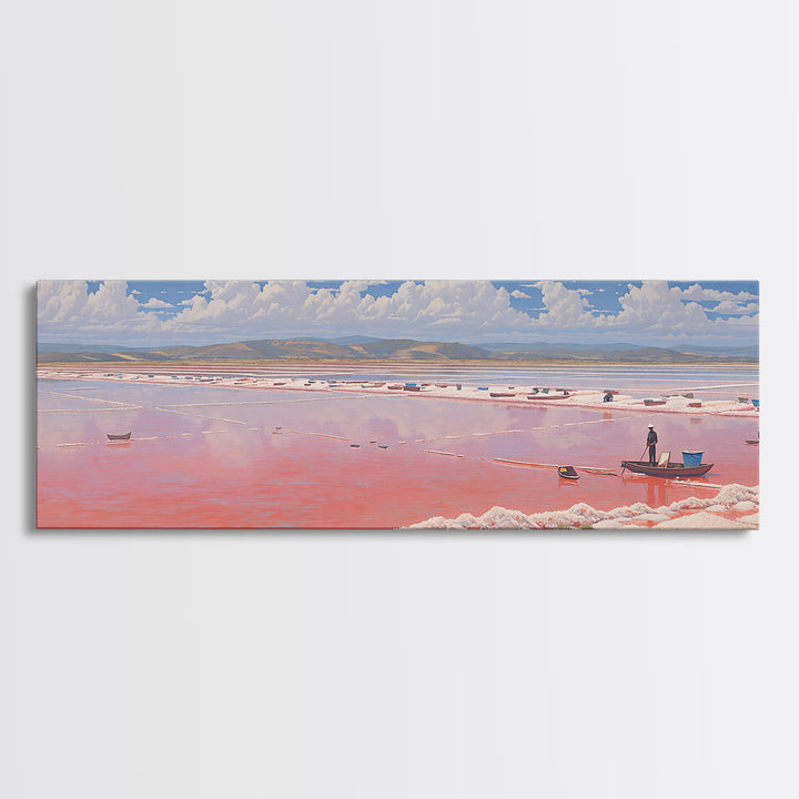 Pink Salt Lake Boats Wall Art, Pastel African Landscape, Coastal Travel Poster, Serene Canvas Decor For Living Room Gift