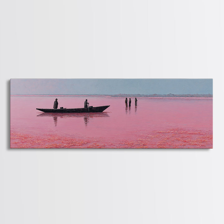 Minimal Pink Lake Boat Wall Art, African Seascape Print, Black Silhouette Decor, Calm Pastel Landscape For Bedroom Wall Decor