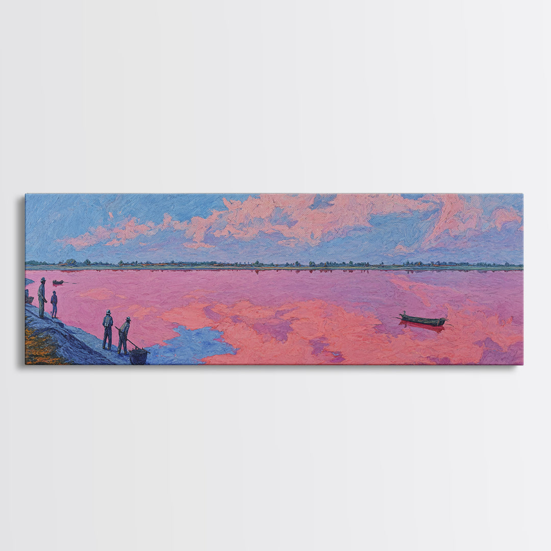 Pastel Pink Lake Sunset Canvas Print, African Landscape With Boat, Dreamy Wall Decor, Modern Coastal Art For Living Room