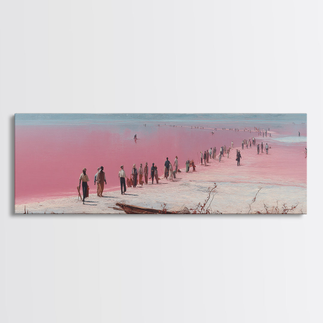 Pink Salt Flats Procession Wall Art, African Lake Landscape, Coastal Travel Poster, Pastel Canvas Decor For Living Room Gift