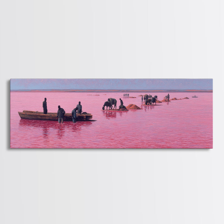 Pink Lake Salt Harvest Canvas Print, African Boats And Cattle Landscape, Coastal Wall Decor, Unique Living Room Art Gift