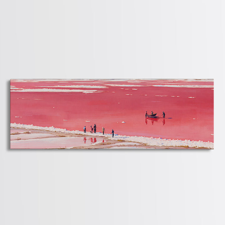 Red Pink Salt Lake Boat Wall Art, African Coastal Landscape, Minimal Travel Poster, Vibrant Canvas Style For Living Room Decor