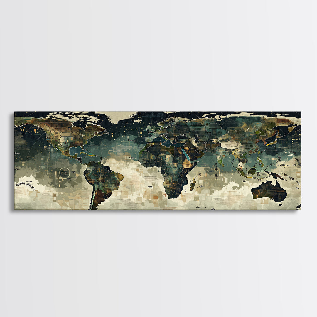 Abstract World Map Wall Art, Earth Tone Travel Decor, Modern Canvas Print Style, Office Geography Poster For Home Office Decor