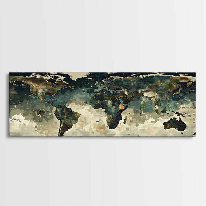 Abstract World Map Wall Art, Earth Tone Travel Decor, Modern Canvas Print Style, Office Geography Poster For Home Office Decor