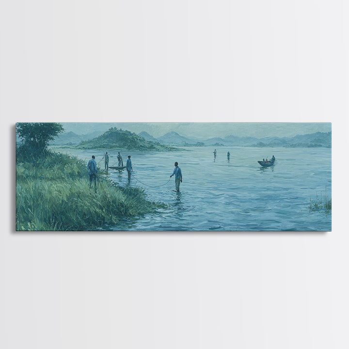 Blue Lakeside Village Landscape Wall Art, African Landscape Canvas Print, Serene Nature Scene, Living Room Decor Gift For Home