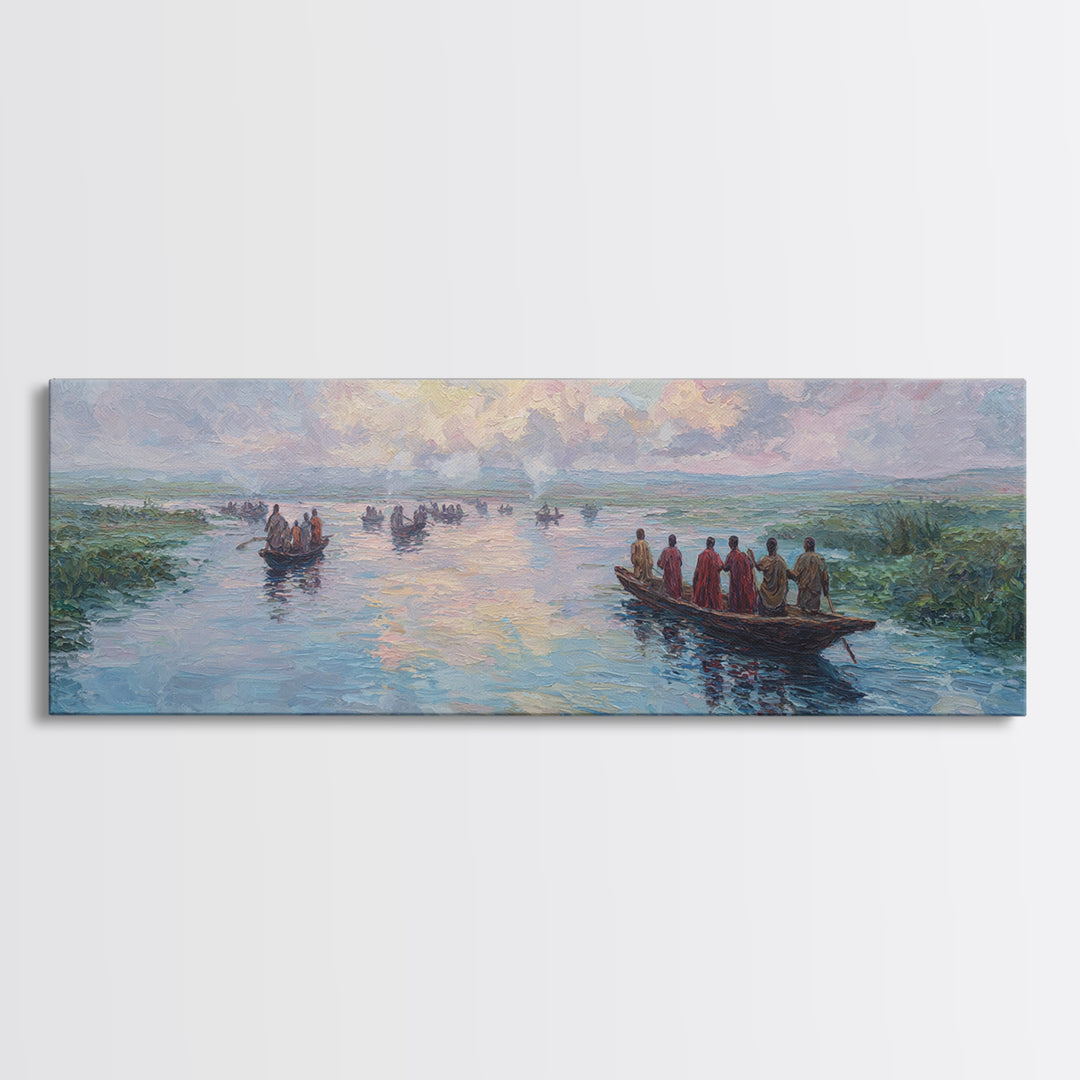 Pastel River Boats At Sunset Wall Art, African Landscape Canvas Print, Serene Safari Decor, Coastal Living Room Gift For Home