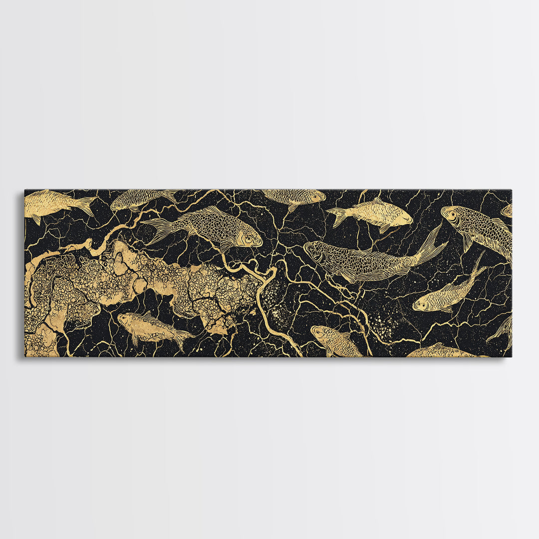 Gold Koi Fish And Cracked Map Wall Art, Black And Gold Canvas Print, African Inspired Decor, Luxury Statement Home Art Gift