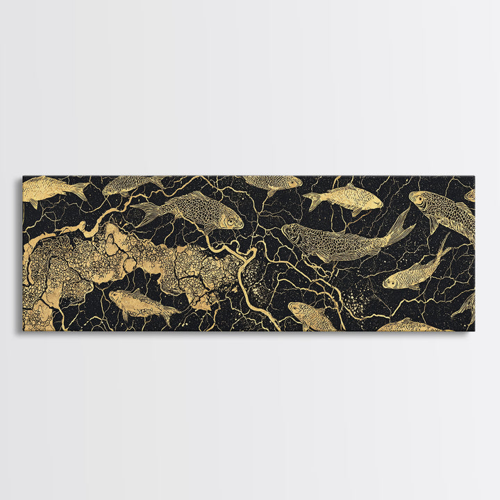 Gold Koi Fish And Cracked Map Wall Art, Black And Gold Canvas Print, African Inspired Decor, Luxury Statement Home Art Gift