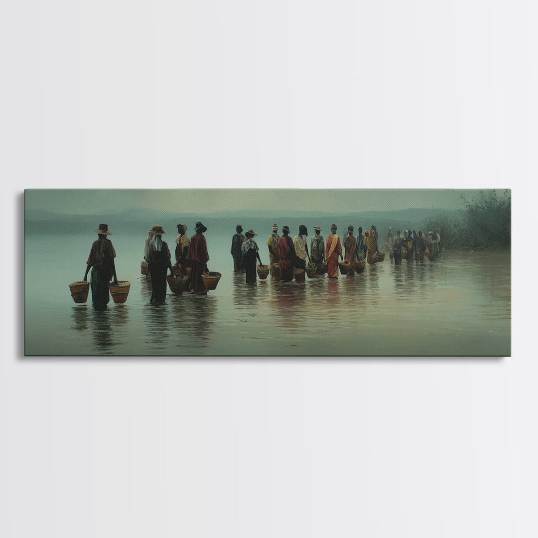 Misty African Fishermen Procession Wall Art, Panoramic Lake Landscape, Cultural African Decor, Serene Safari Home Decor Gift