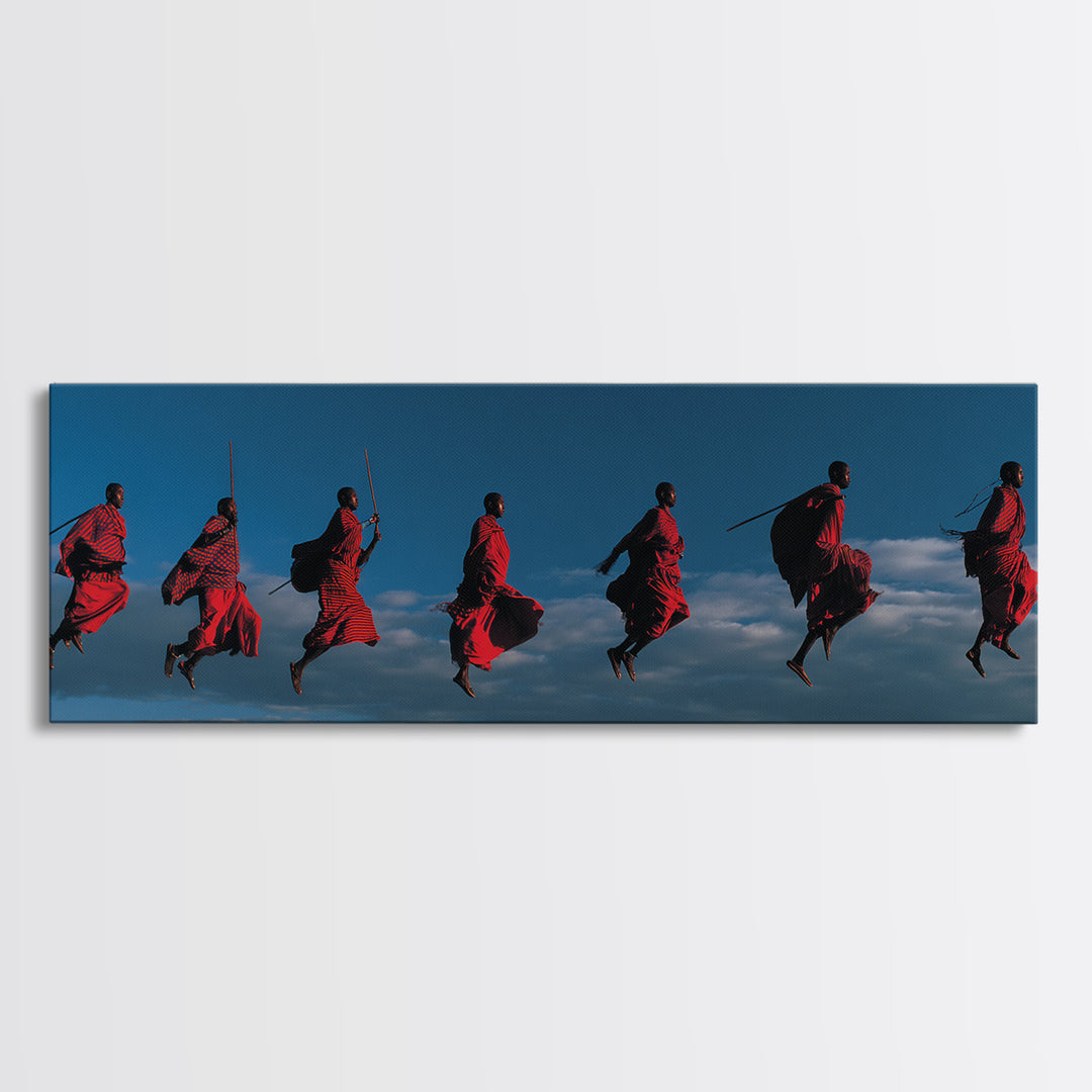 Red Maasai Warriors Leaping With Spears Wall Art, Panoramic African Tribal Art, Safari Decor, Bold Cultural Home Decor Gift