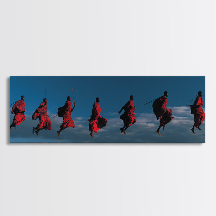 Red Maasai Warriors Leaping With Spears Wall Art, Panoramic African Tribal Art, Safari Decor, Bold Cultural Home Decor Gift
