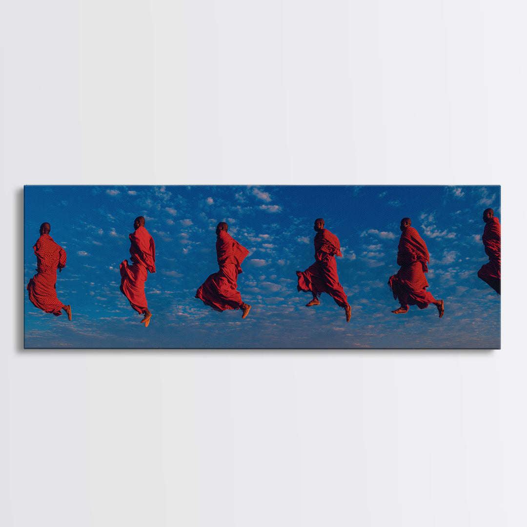 Floating Red Maasai Dancers Framed Canvas Print, African Wall Art, Tribal Safari Decor, Vibrant Cultural Living Room Art