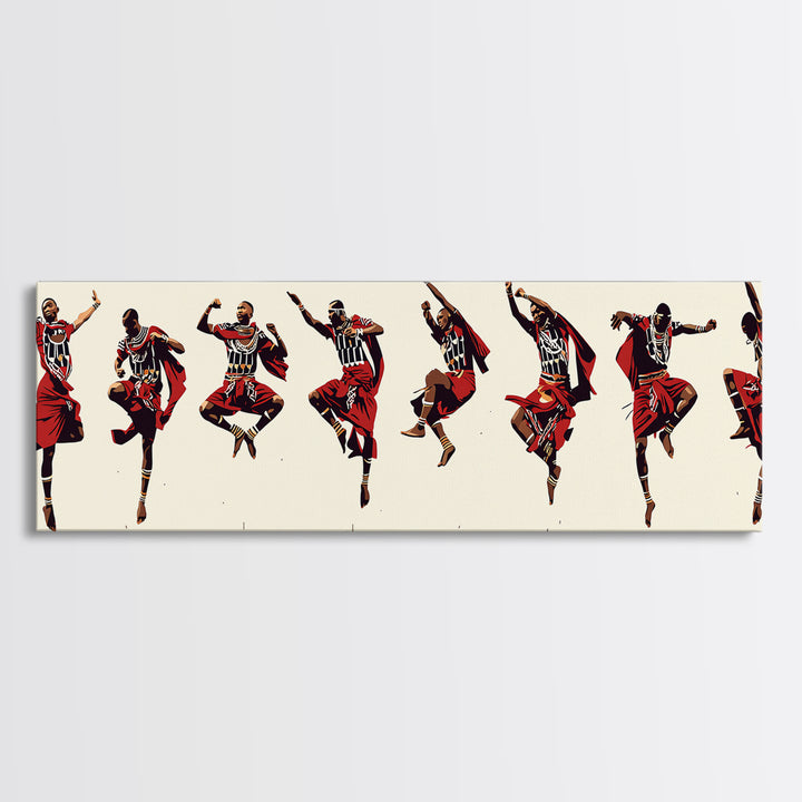 Traditional Maasai Dance Line Canvas Print, African Art Prints, Red Tribal Wall Decor, Afrocentric Culture Gift For Home
